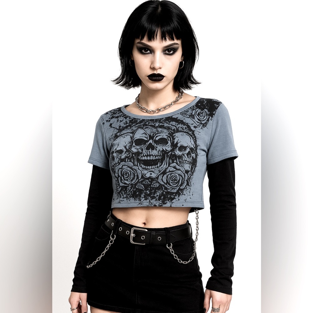 ROMWE Skull Print Long Sleeve Layered Graphic T-Shirt Tee Blue Black Size 12/XL